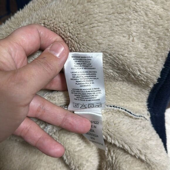 Eddie Bauer Boys XL Faux Shearling Lined Fleece Plaid Navy Brown Ivory Shacket - Picture 11 of 12